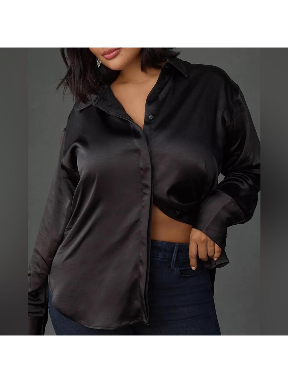Good American Black Satin Buttondown Shirt L/XL